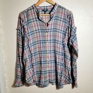 RL Chaps Plaid Button Down Ruffle Accent 100% Cotton Gauze Blouse sz L Pink Blue